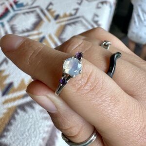 Vintage Sterling Silver White Opal and Amethyst Ring